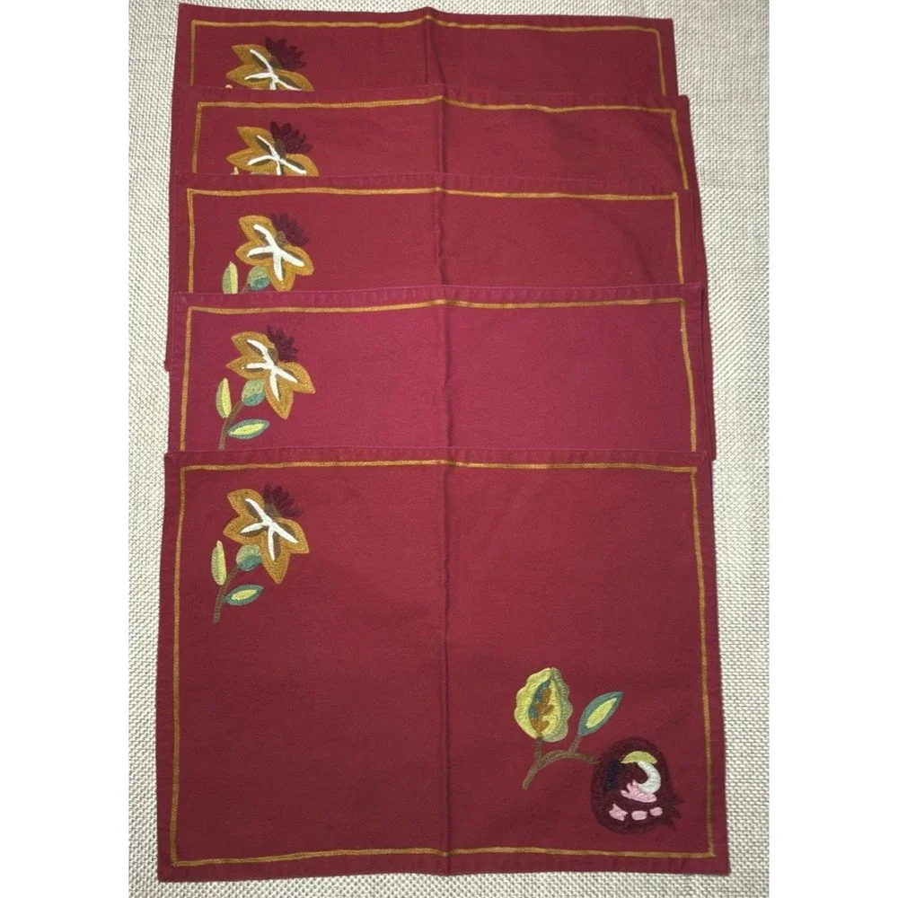 Williams Sonoma Orchard Crewel Napkin Placemat Set‎ Red Floral Embroidered Lot